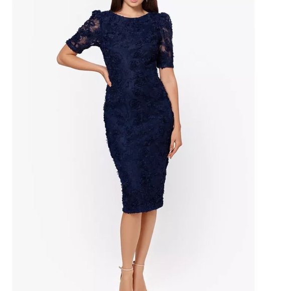 NWT.  XSCAPE Puff-Lace-Sleeve Sheath Dress - Picture 1 of 2